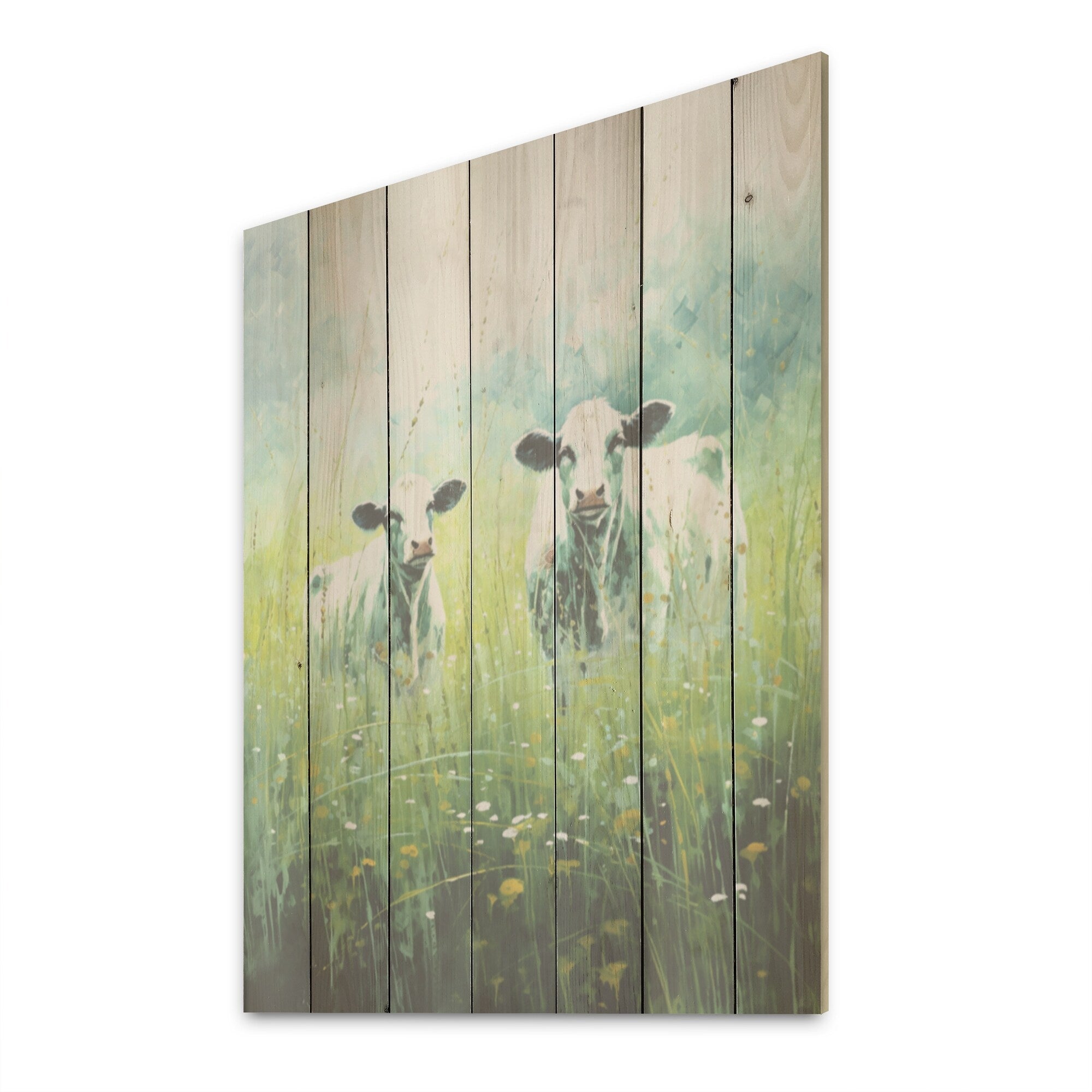 Designart Cow In Verdant Pastures Cow Wood Wall Decor - Modern Green Wood Panel On Natural Pine Wood