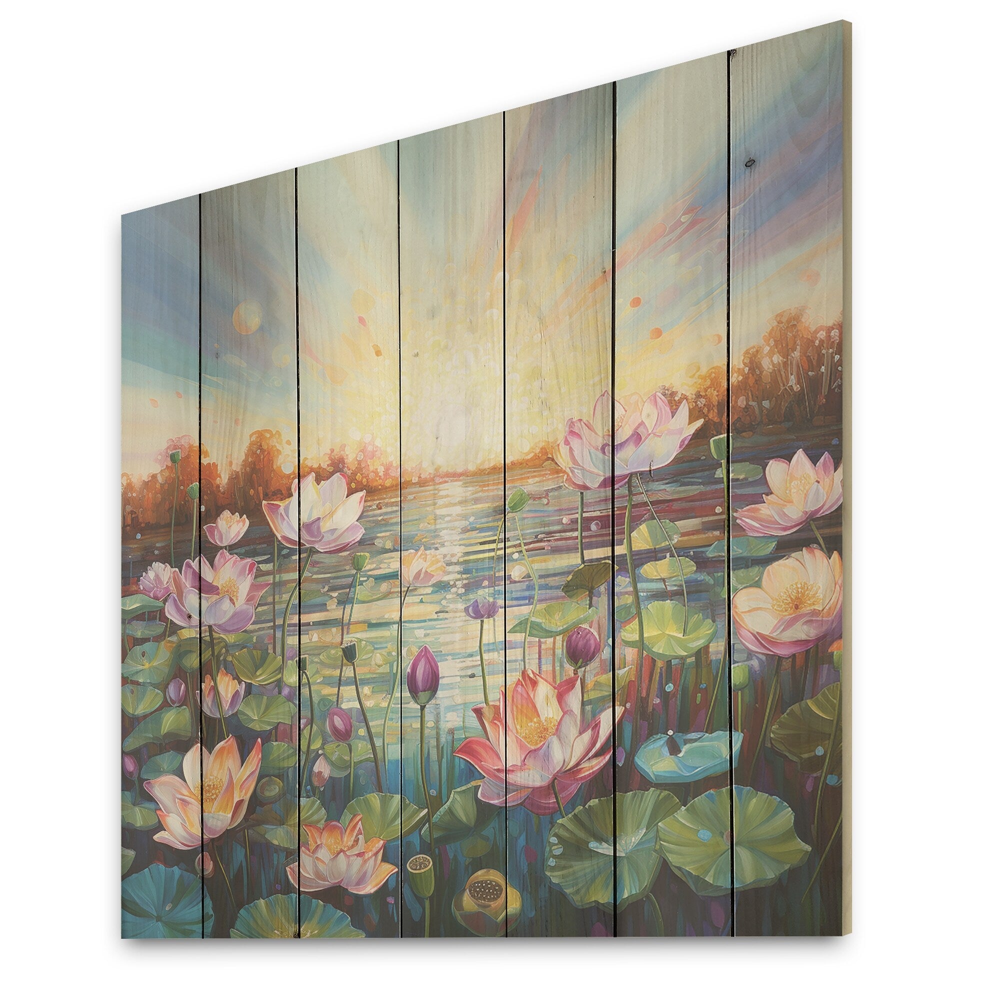 Designart By The Lake Lotus Liquid Art I Lotus Wood Wall Decor - Modern Pink Wood Panel On Natural Pine Wood