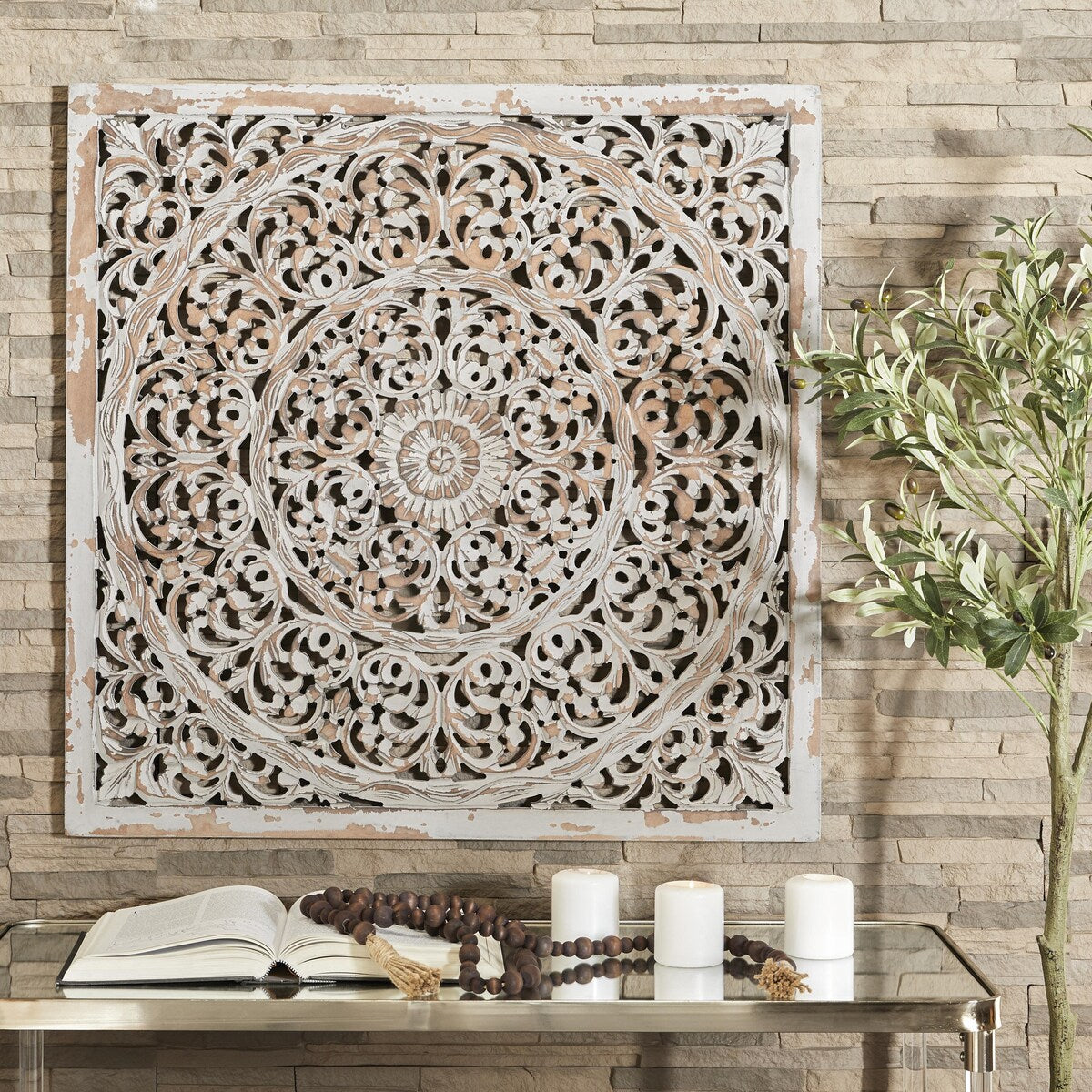 Wooden Floral Handmade Carved Scroll Mandala Home Wall Decor with Brown Distressing - Gray - Roche River Decor