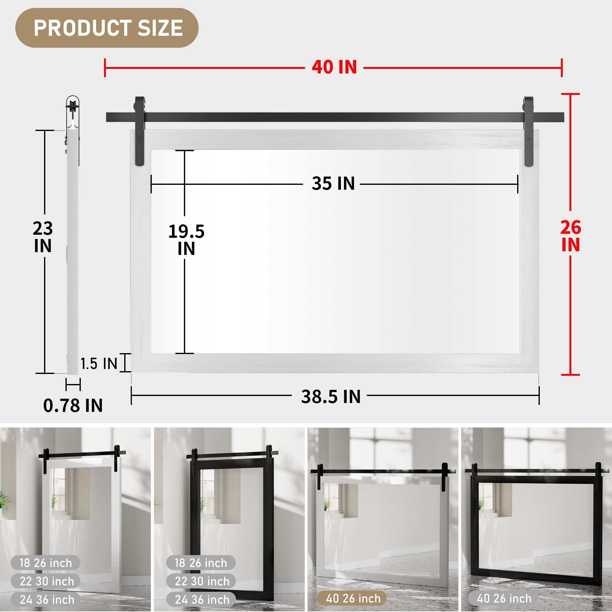 Modern Wall Mirrors, Rectangular Mirror with Wood Framed, Bathroom Mirror Barn Mirror Barn Door Mirror with Multi Size