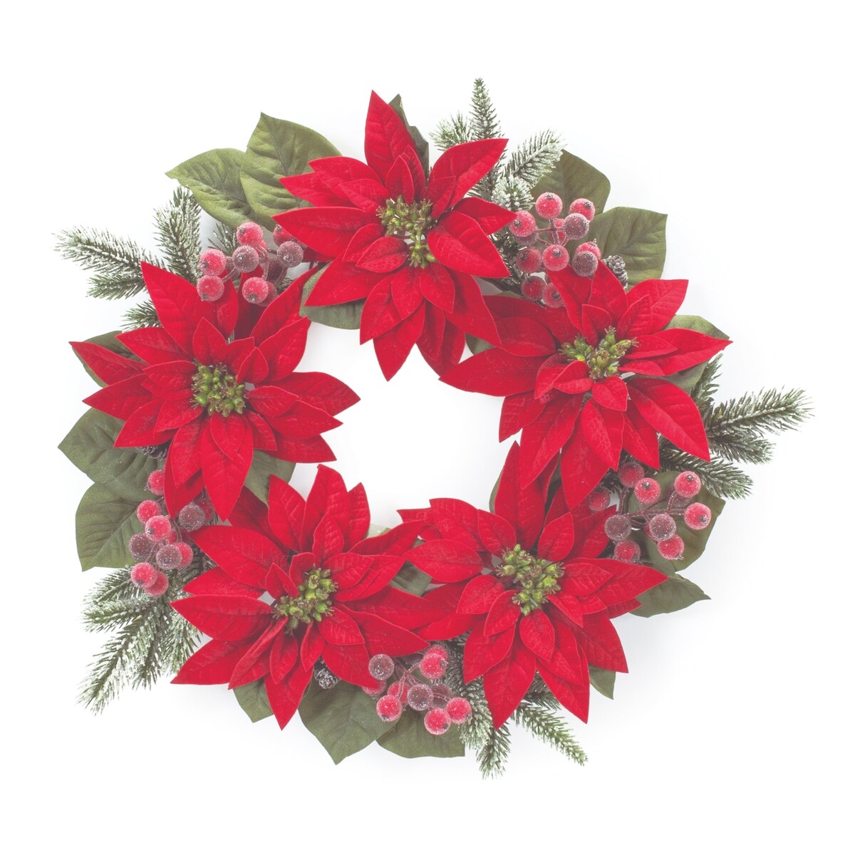 Poinsettia Flower Pine Wreath 24.5D - Green