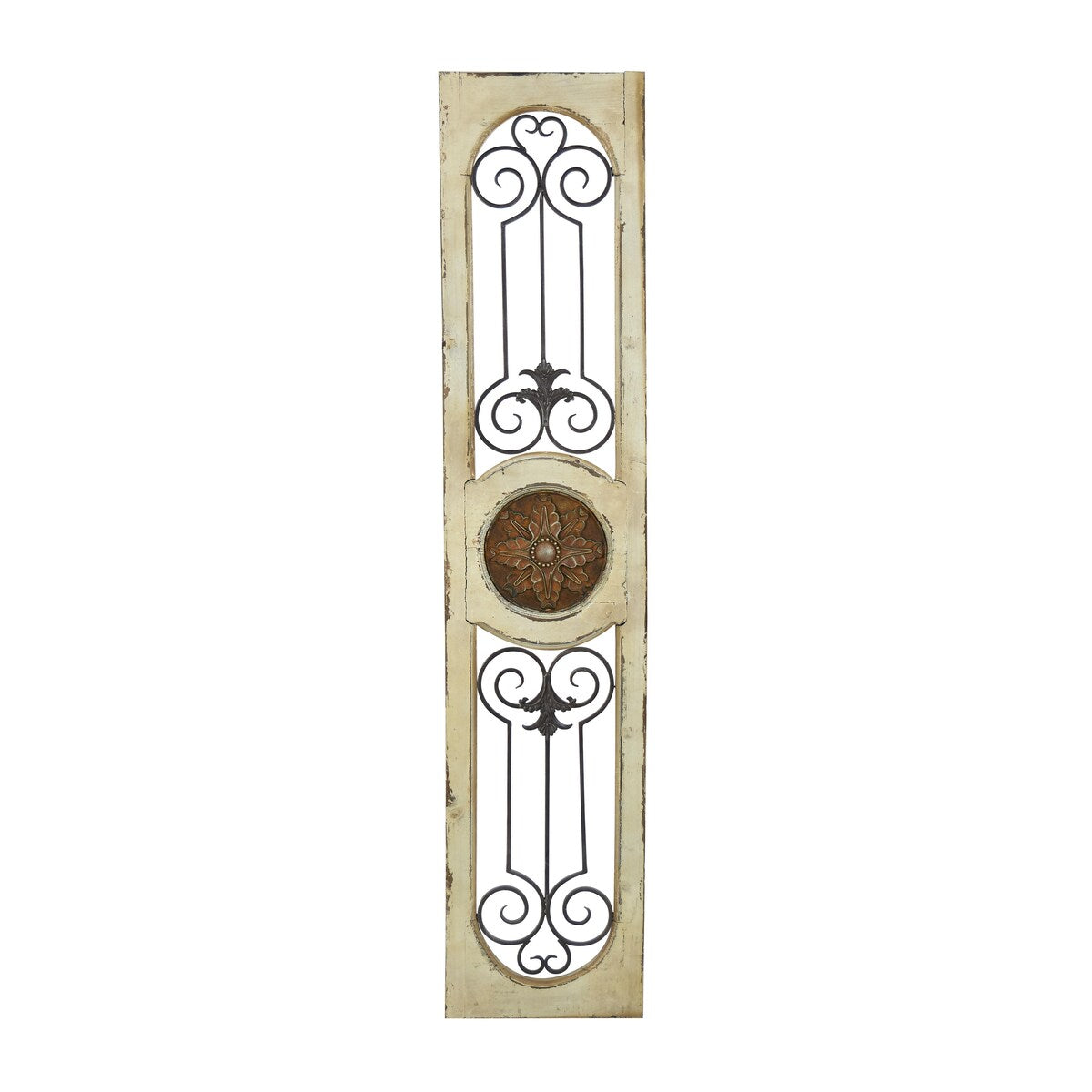 Wood Scroll Distressed Door Inspired Ornamental Home Wall Decor with Metal Wire Details - White - Roche River Decor