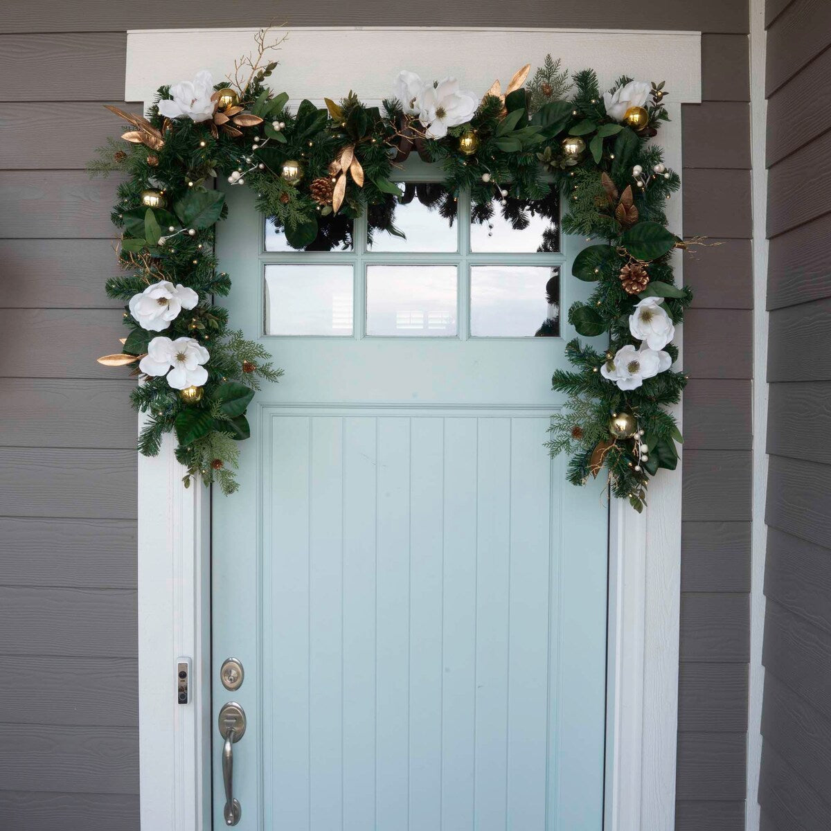 9 ft. Artificial Christmas Garland with Lights - White Gold Magnolia - 9 Foot