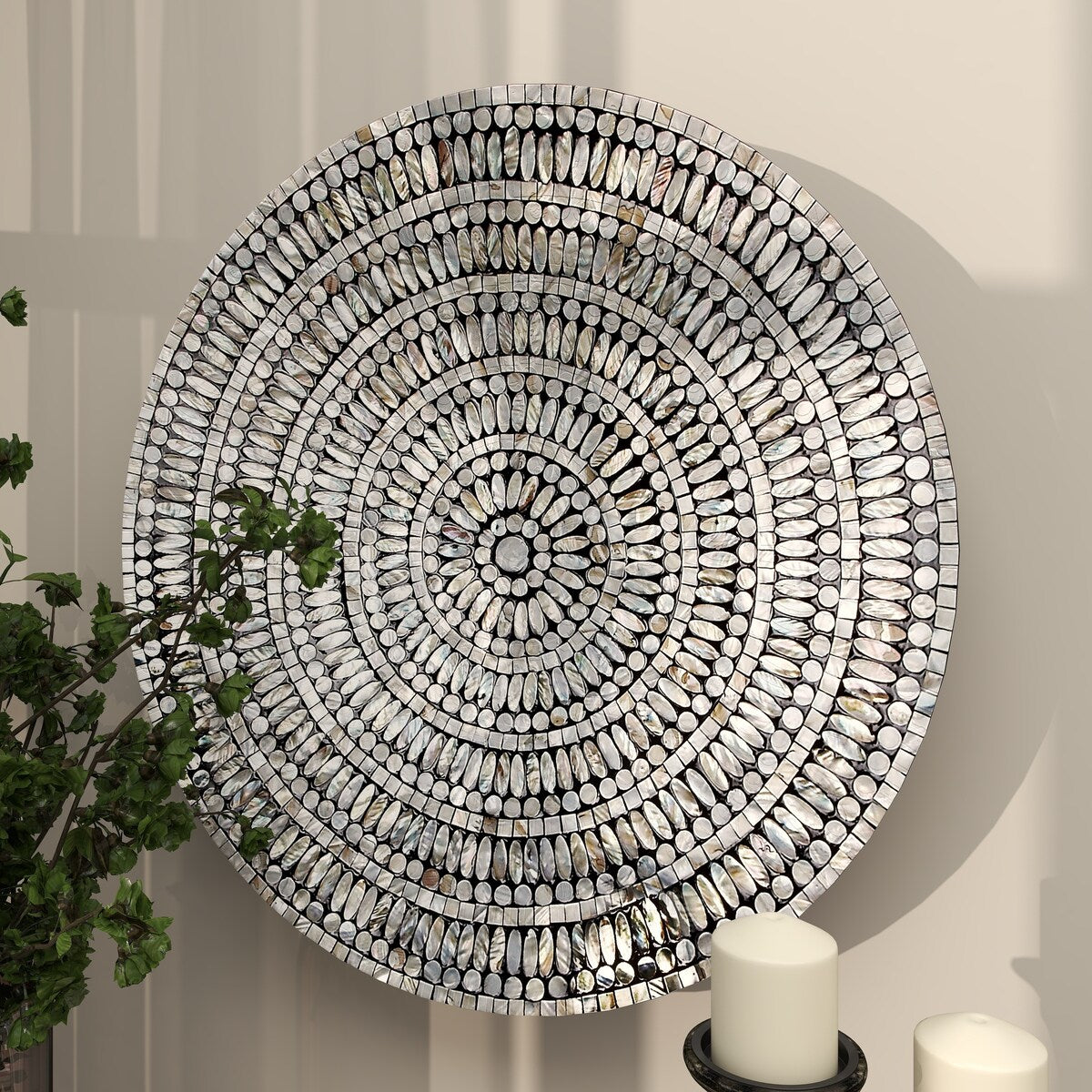 Mother of Pearl Shell Plate Handmade Mosaic Home Wall Decor with Beige and Black Accents - Gray - Roche River Decor