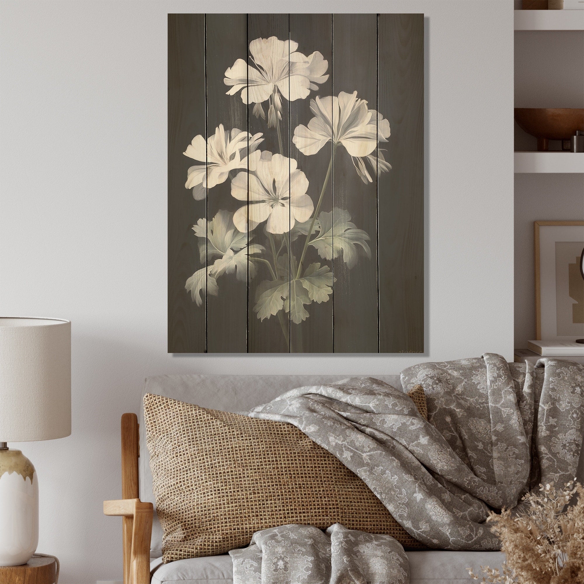 Designart Black And White Geranium Minimal Expression Geraniums Wall Art White Wood Panel On Natural Pine Wood