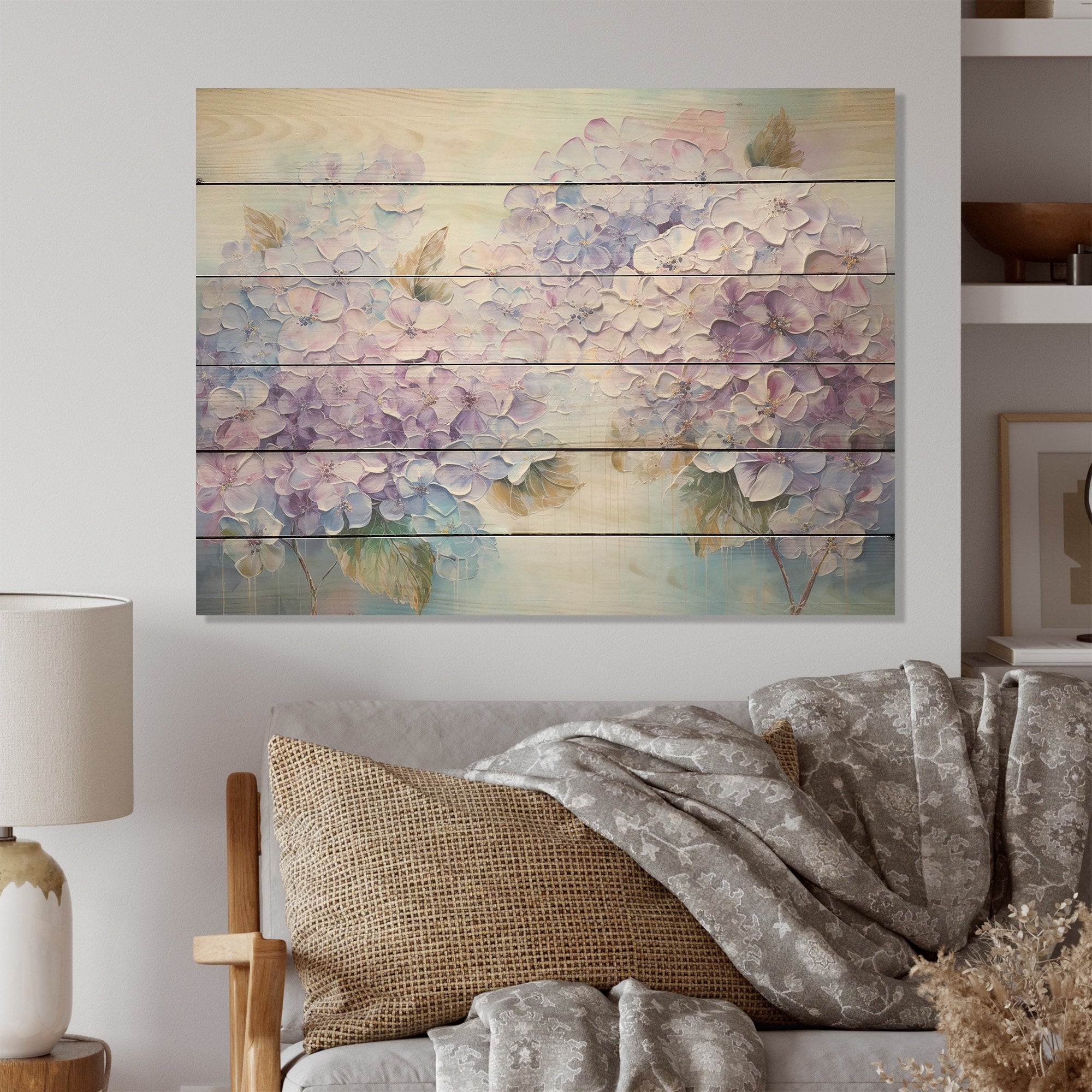 Designart Purple Hydrangea Paradise Flowers I Flower Field Wood Wall Decor - Purple Wood Panel On Natural Pine Wood