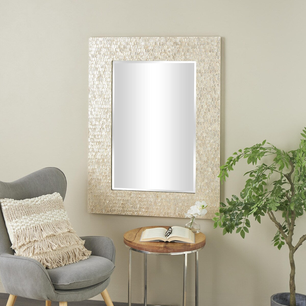 Mother of Pearl Shell Handmade Mosaic Room Wall Mirror - Cream - Roche River Decor