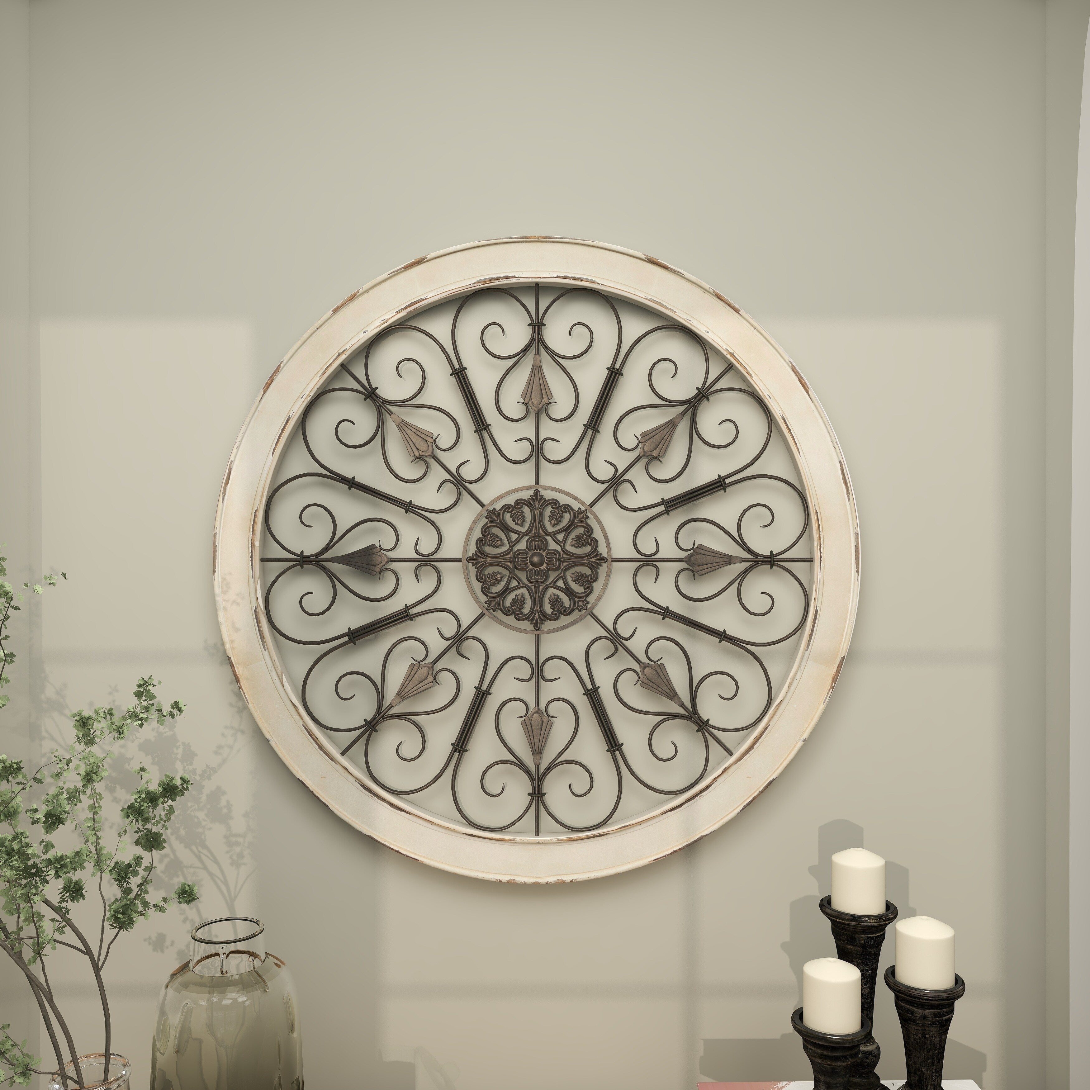 Wood Scroll Window Inspired Home Wall Decor with Metal Scrollwork Relief - White - Roche River Decor