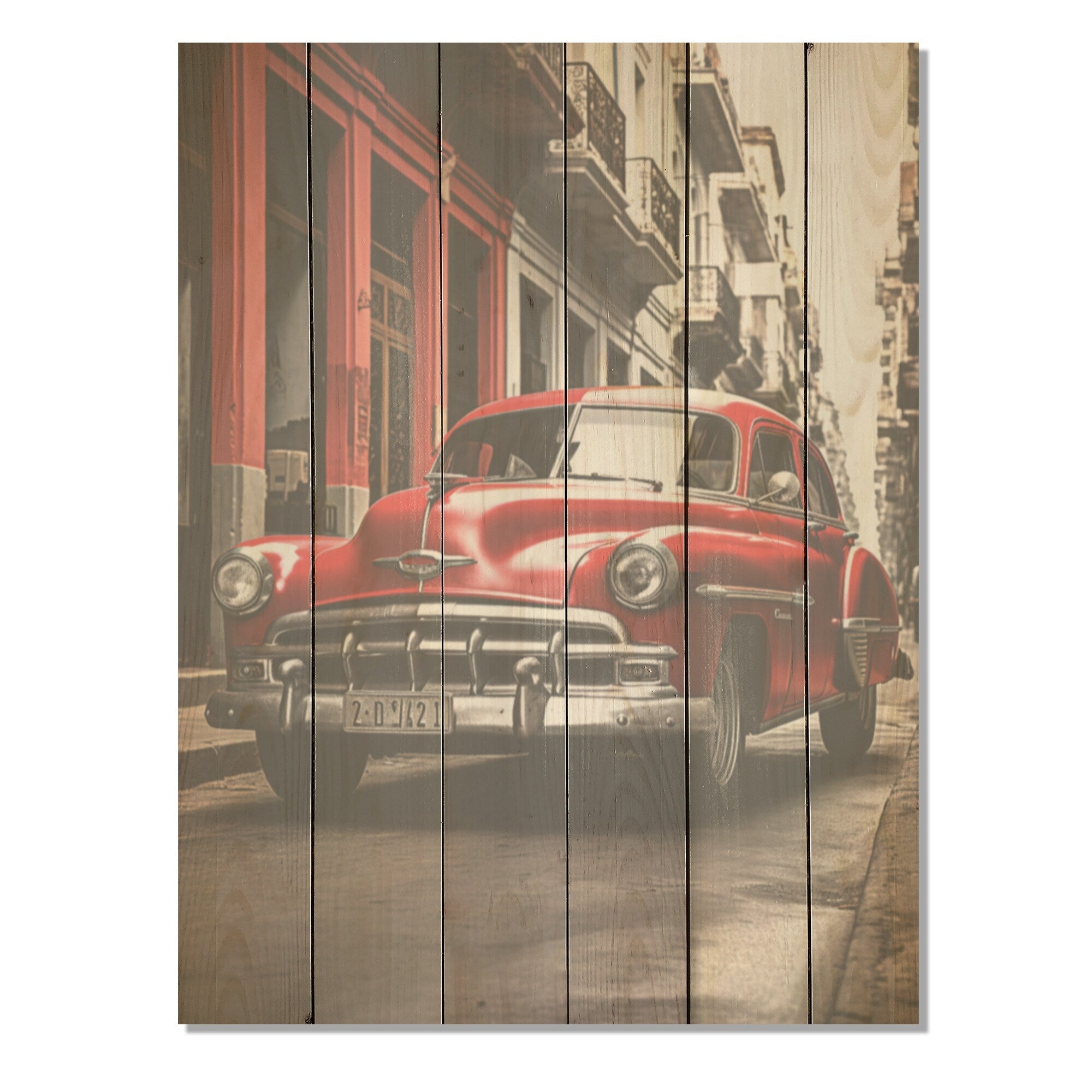 Designart Red Cuban Car Heritage Cuba Landscape Wood Wall Decor - Traditional Red Wood Panel On Natural Pine Wood