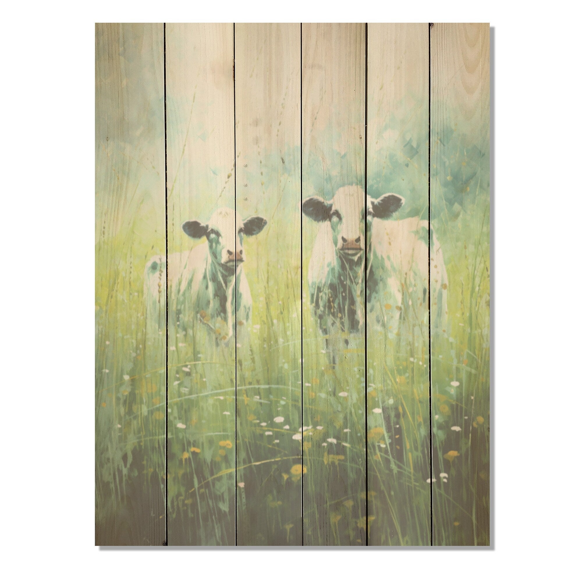 Designart Cow In Verdant Pastures Cow Wood Wall Decor - Modern Green Wood Panel On Natural Pine Wood