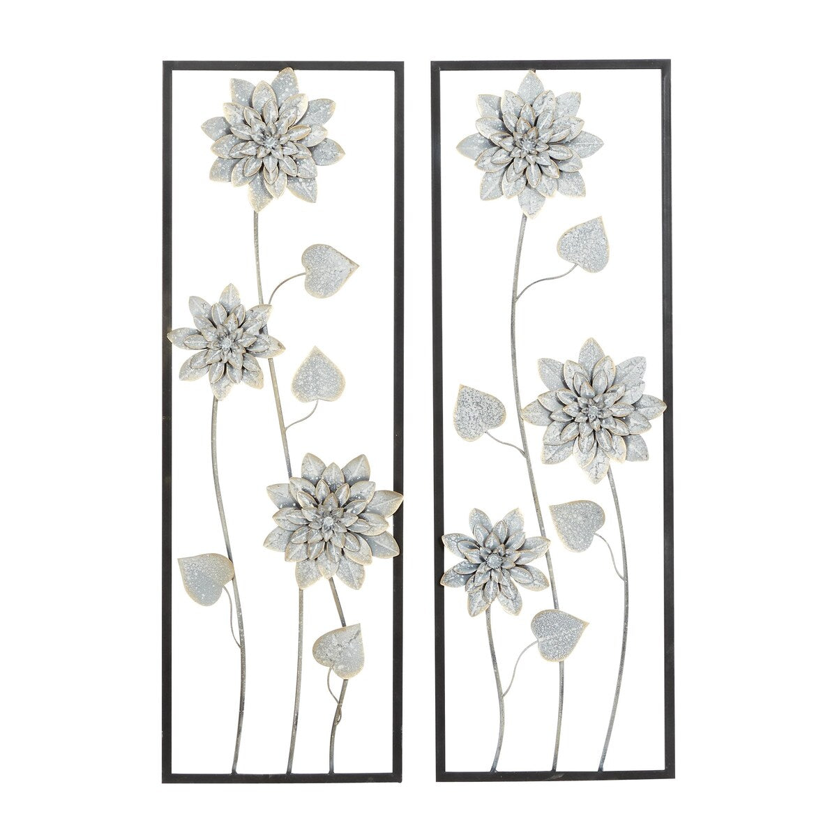 Metal Floral Home Wall Decor with Black Frame - Set of 2 Gray - Roche River Decor