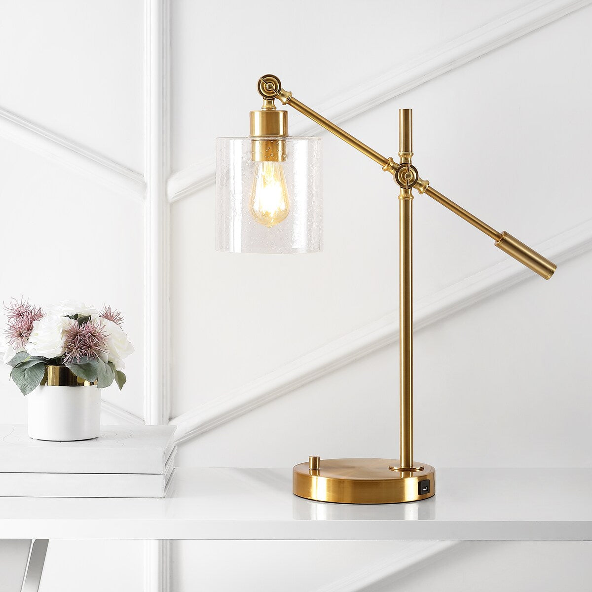 Jason Classic 23 Iron/Seeded Glass Adjustable Head Modern USB Charging LED Task Lamp, Brass Gold by JONATHAN Y - 1 Bulb