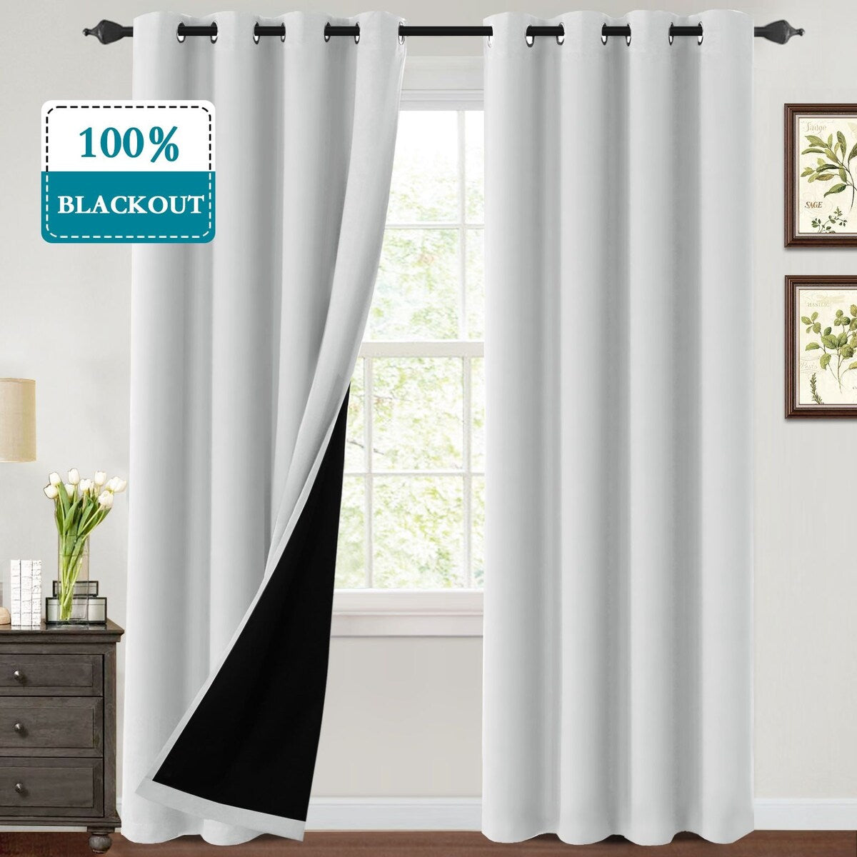 Thermal Insulated 100% Blackout Grommet Curtains with Black Liner(2 panels）