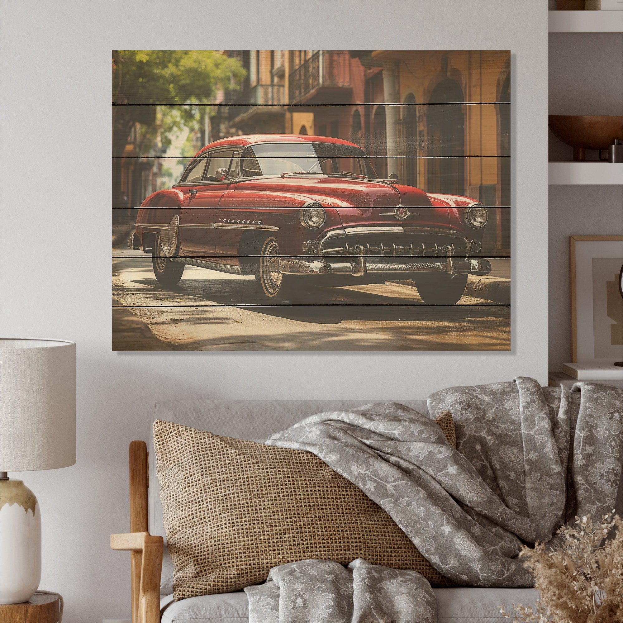 Designart Cuba Classic Iconic Car Cuba Landscape Wood Wall Decor - Traditional Red Wood Panel On Natural Pine Wood