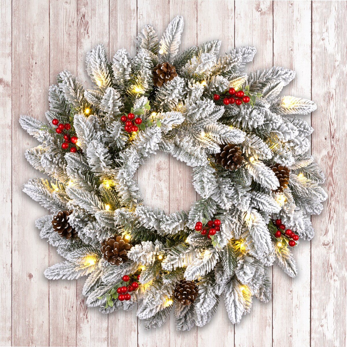 National Tree Company 2 ft. Pre-lit Feel Real Snowberry Pine Artificial Christmas Wreath with Red Berries, Cypress Tips - 2 Foot