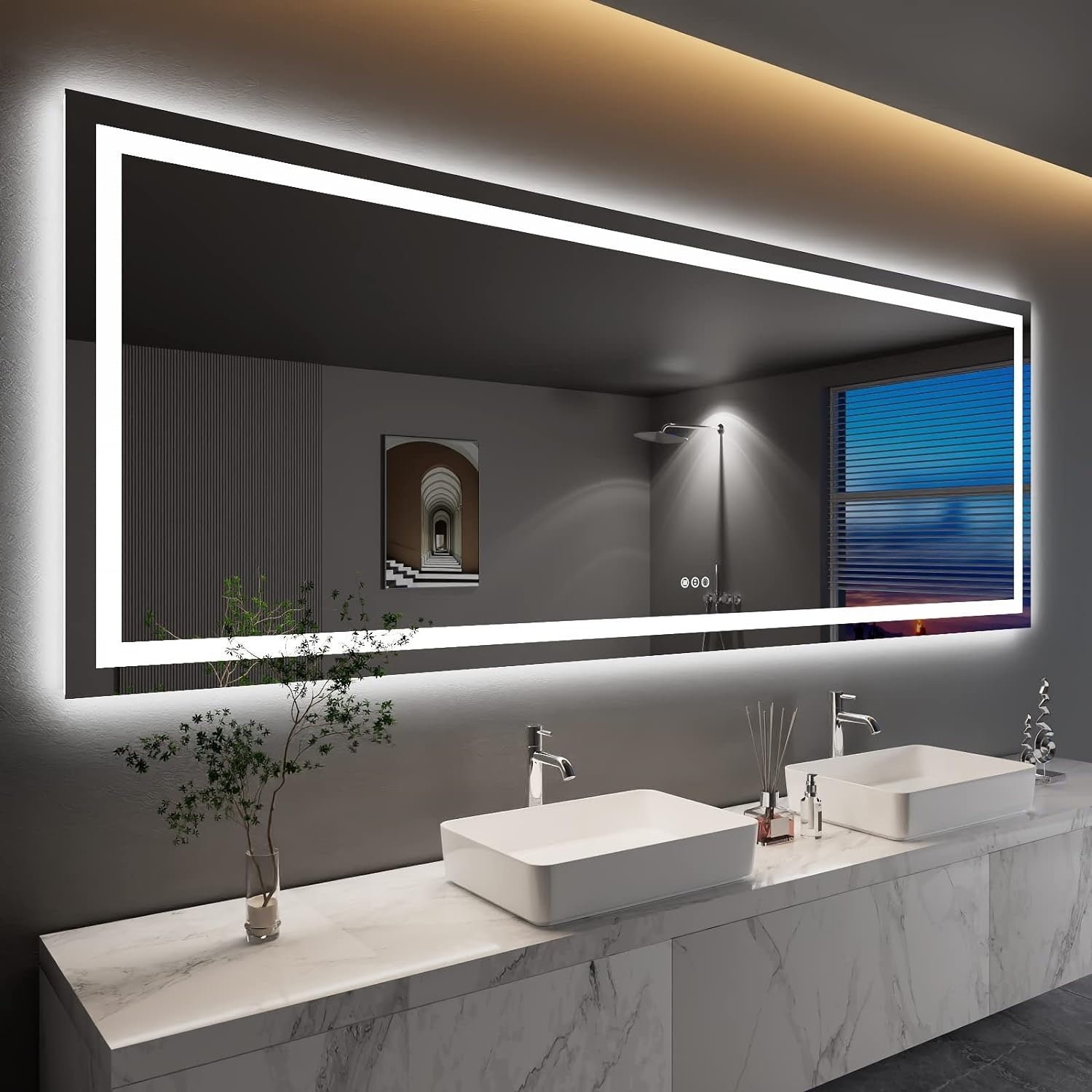 Apmir Full Size Frameless Front and Back LED Lighted Bathroom Vanity Mirror Anti-Fog in Tempered Glass & ETL