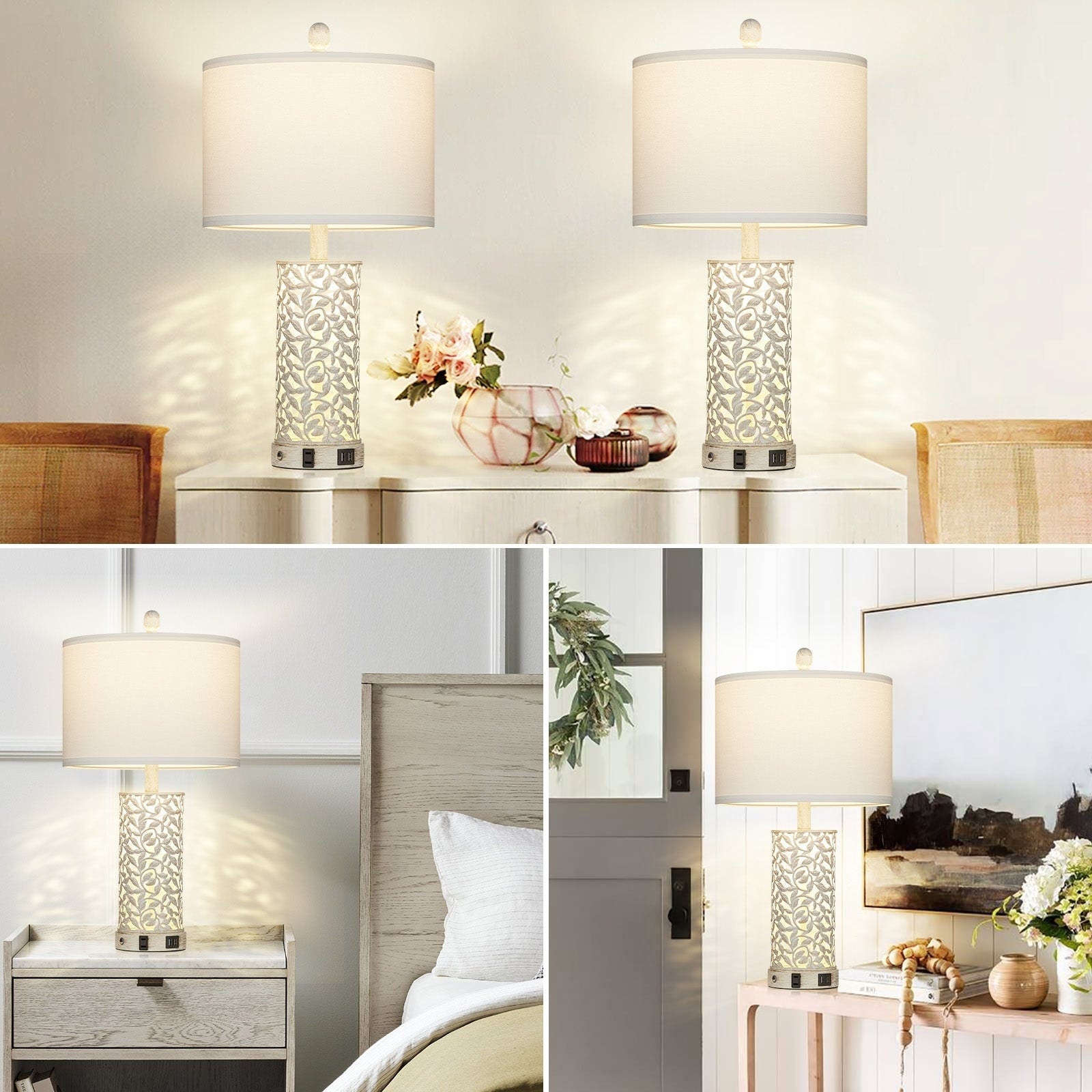 Table Lamps Nightlight 2in1 White with Gold Metal USB Ports AC Outlet Touch Switch(Set of 2)