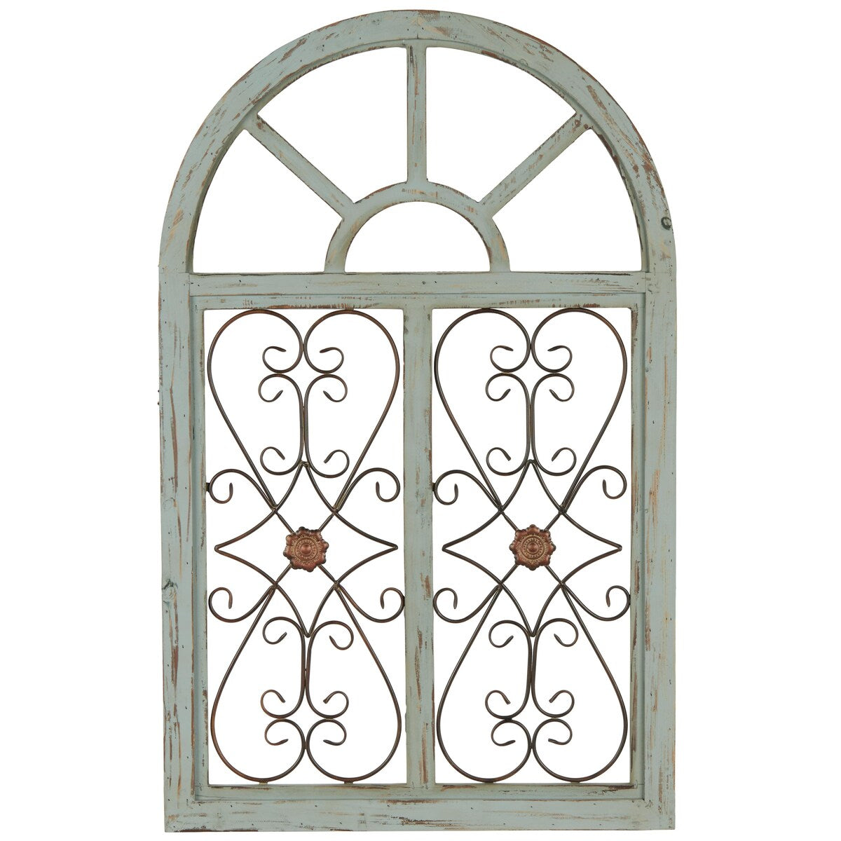 Wood Scroll Arched Window Inspired Home Wall Decor with Metal Scrollwork Relief - Light Blue - Roche River Decor