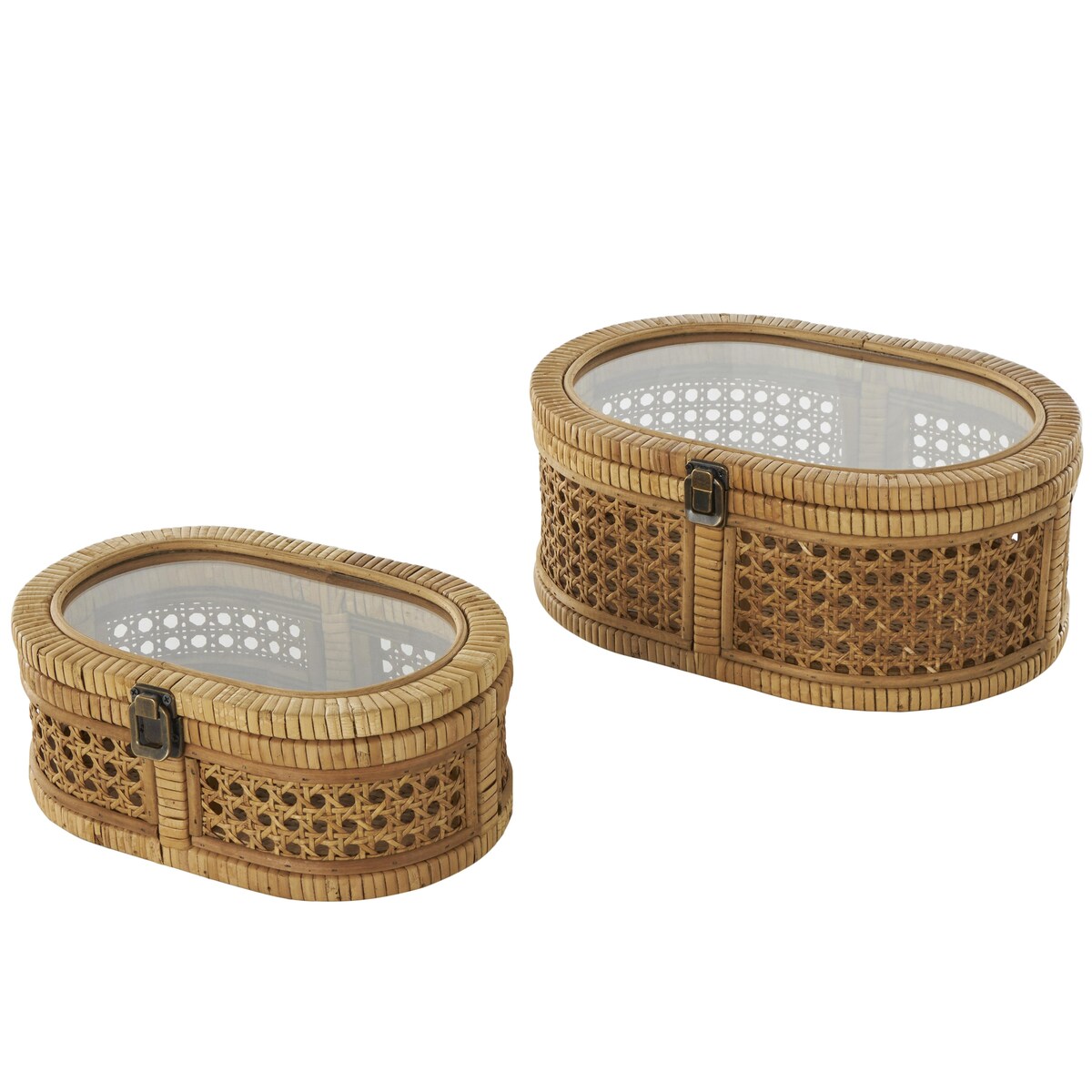 Rattan Handmade Wrapped Oval Storage Decorative Box with Cane Panels and Tempered Glass Top - Set of 2 Brown - Roche River Decor