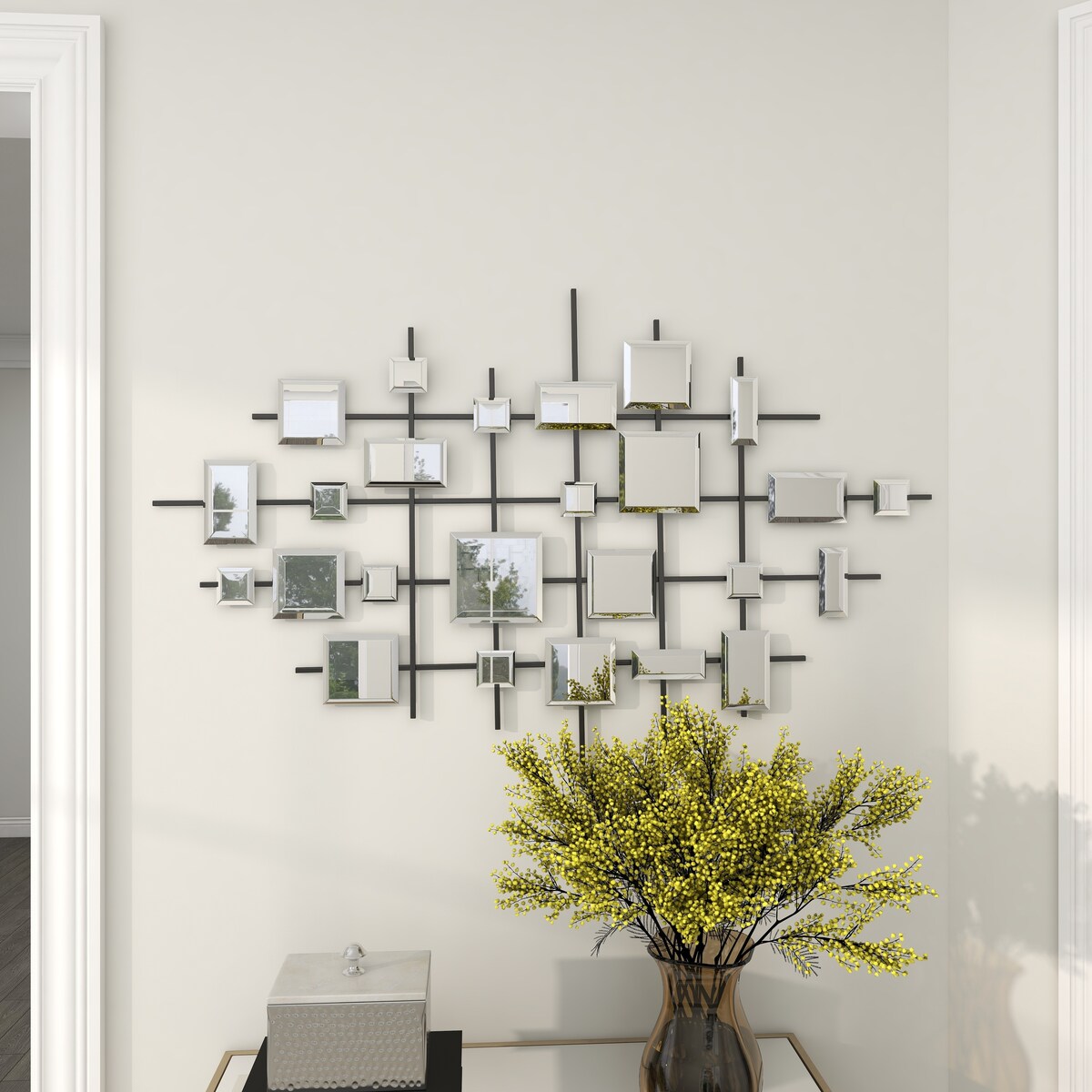 Metal Geometric Home Wall Decor with Square Mirrored Accents - Black - Roche River Decor