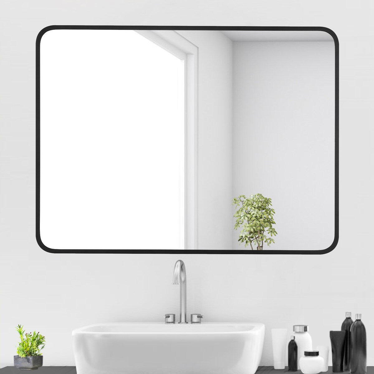 Rounded Rectangular Metal Framed Bathroom Vanity Mirror