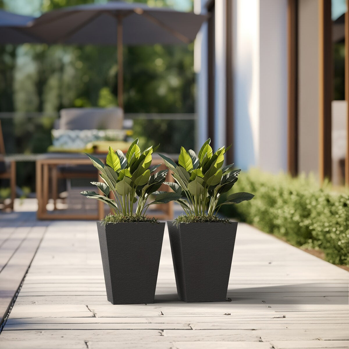 Black Tall Plastic Trapezoid Plant Pots / Large Indoor and Outdoor Flower Planters, 2 Piece Set