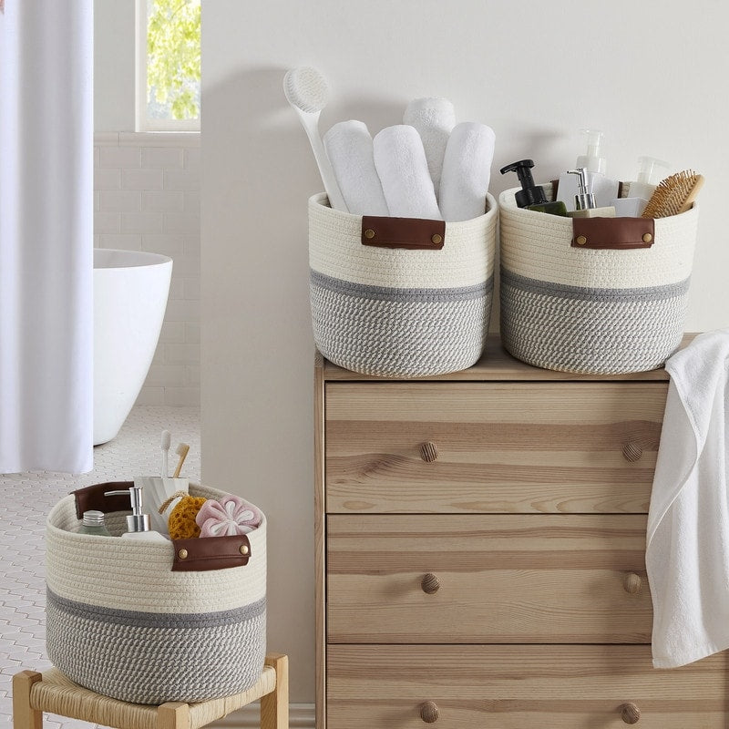 3 Pack Woven Cotton Rope Shelf Storage Basket with Leather Handles, Baby Nursery Storage Bin Organizers, Closet Shelf Storage