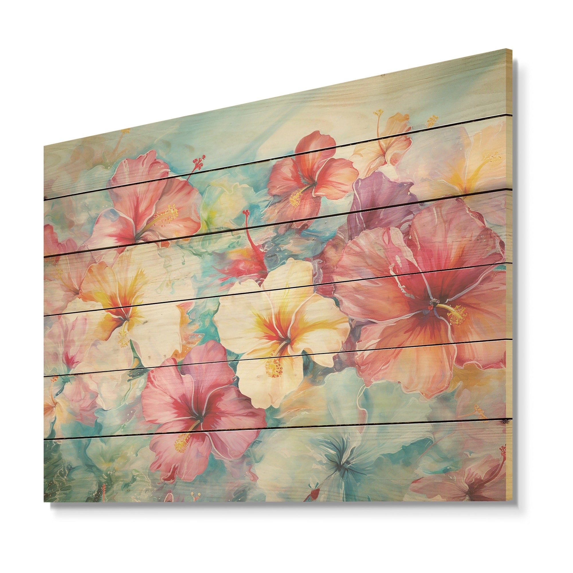 Designart Hibiscus Bliss Flower Blooms I Flower Field Wood Wall Decor - Multicolor Wood Panel On Natural Pine Wood