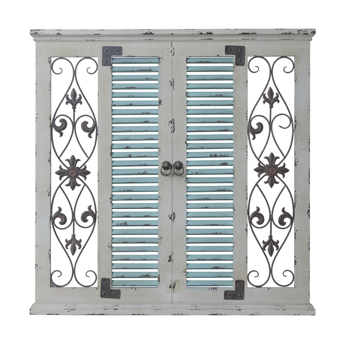 Wooden Scroll Window Shutter Home Wall Decor with Metal Scrollwork Relief - Beige - Roche River Decor