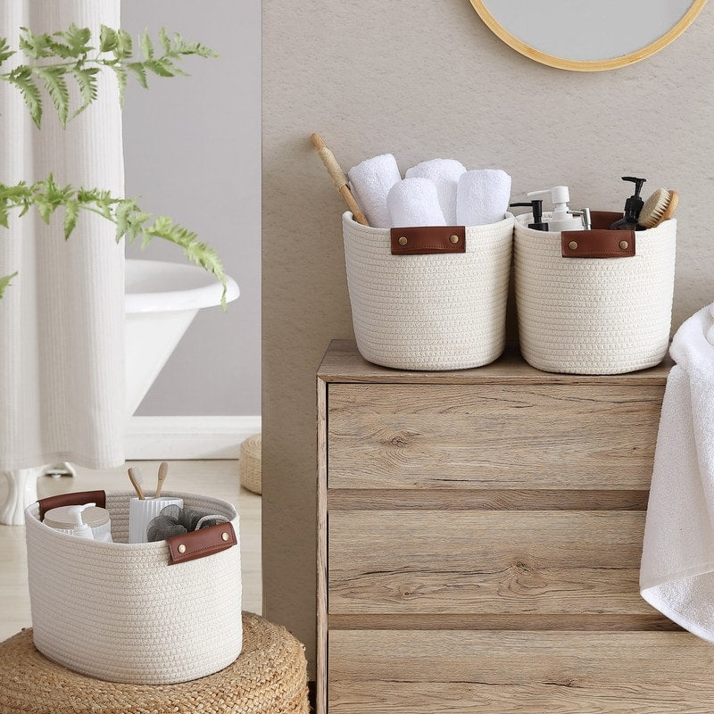 3 Pack Woven Cotton Rope Shelf Storage Basket with Leather Handles, Baby Nursery Storage Bin Organizers, Closet Shelf Storage