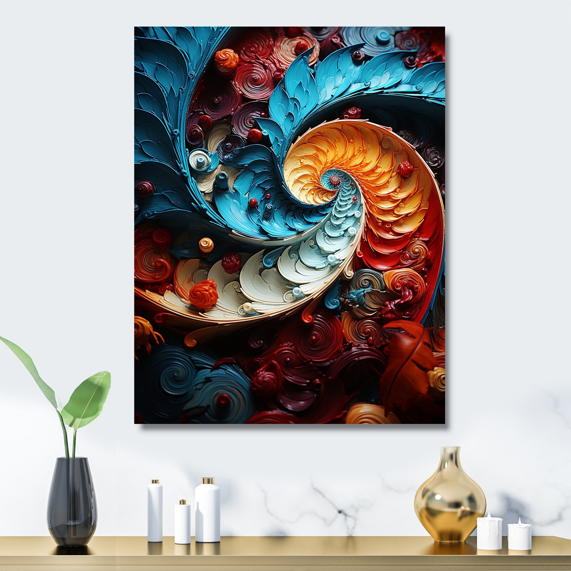 Designart Blue And Red Volcano Spiral Of Lava Abstract Spirals Metal Wall Art - Blue Metal Art Modern Metal Art Work