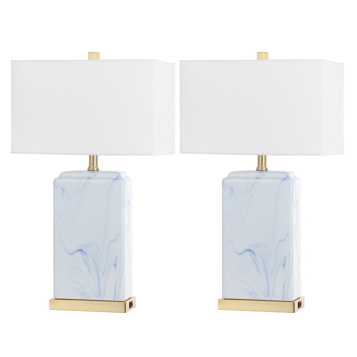 Easton 24.5 Modern Coastal Iron/Marbled Ceramic LED Table Lamp with USB Charging Port, Blue/White (Set of 2), by JONATHAN Y