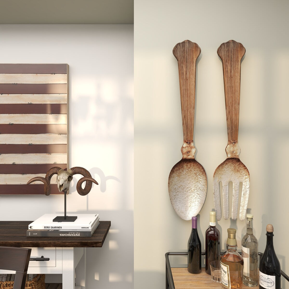 Metal Utensils Spoon and Fork Home Wall Decor - Set of 2 Brown - Roche River Decor