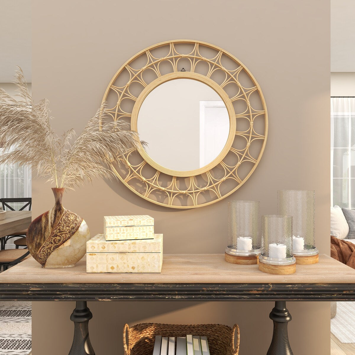 Bamboo Wood Geometric Handmade Woven Room Wall Mirror with Arch Design - Brown - Roche River Decor