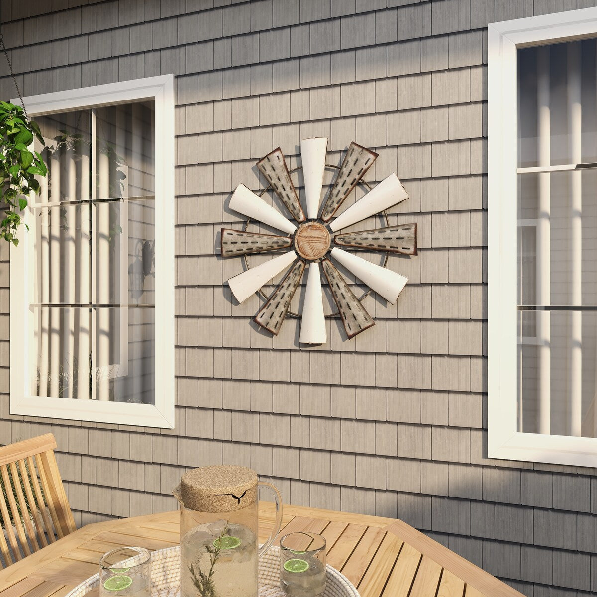 Metal Windmill Home Wall Decor with Galvanized Metal Accents - White - Roche River Decor