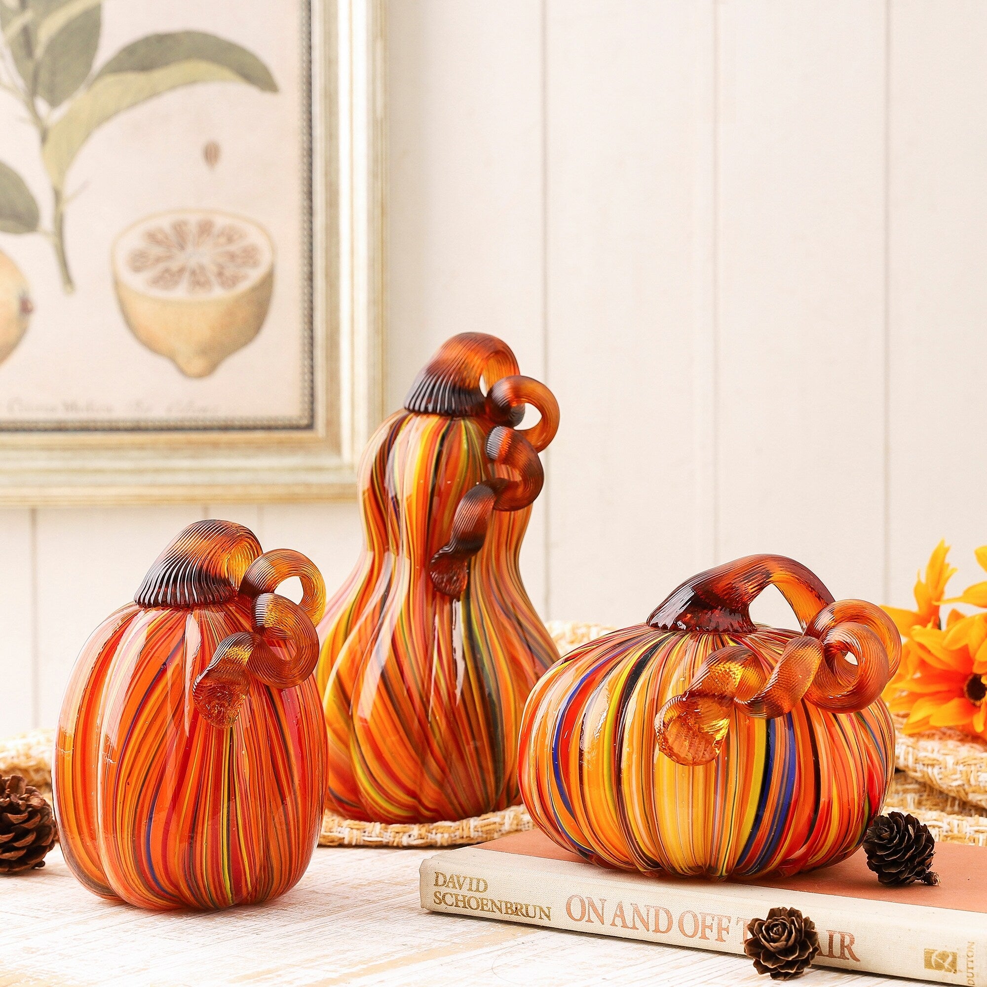 Glitzhome Handblown Multi Striped Fall Harvest Glass Pumpkins Thanksgiving Gift