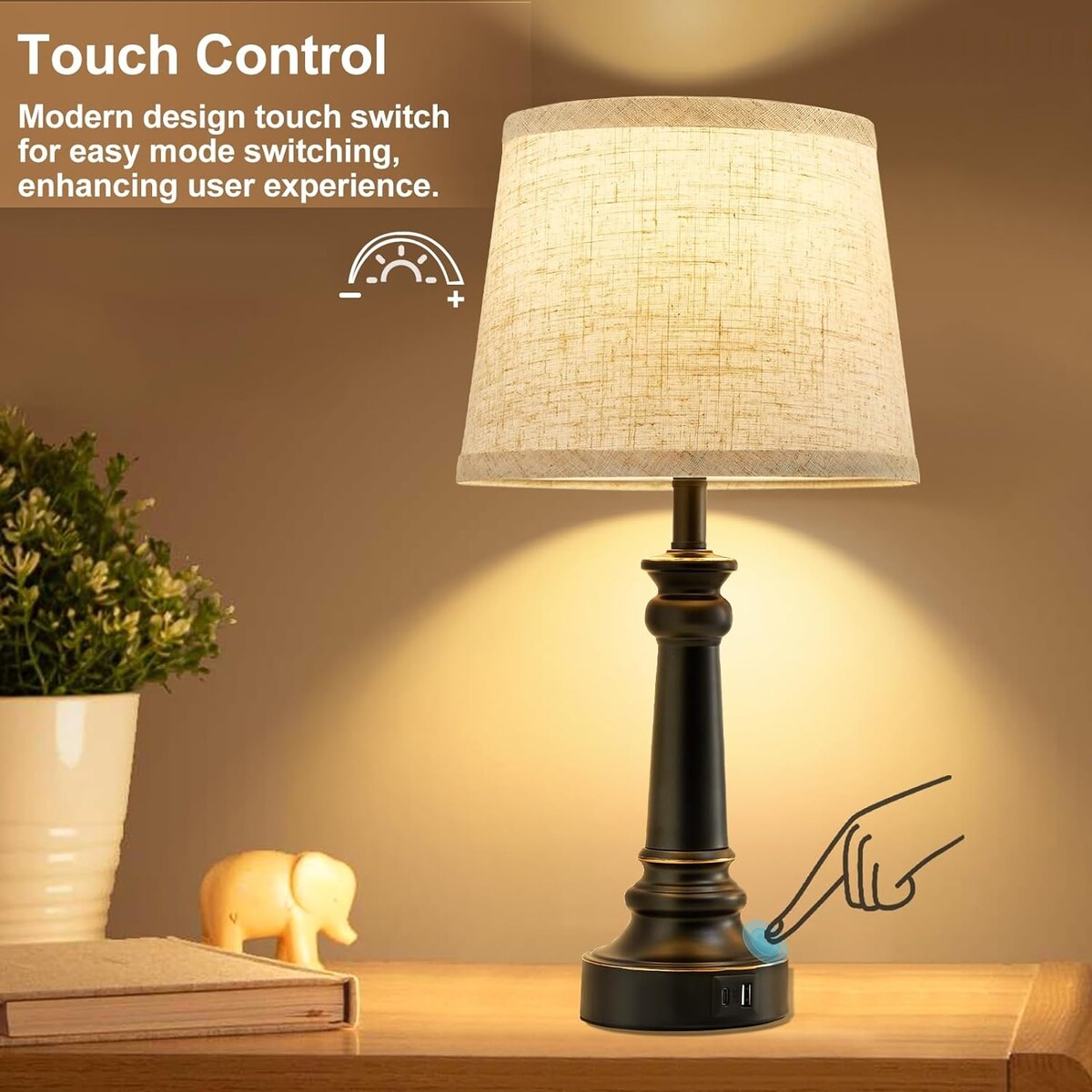 Table Lamps with 2 USB Charging Ports, 3 Ways Dimmable Touch Control Nightstand Bedside Lamps Bedroom Decor