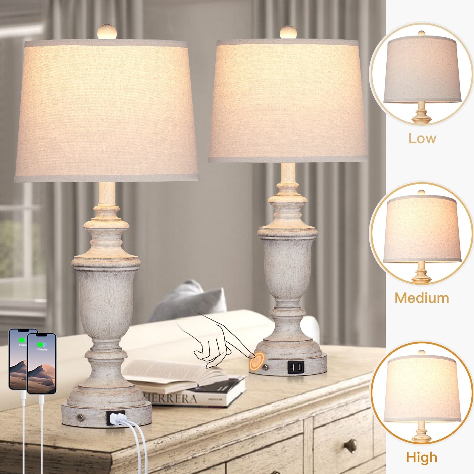 White Resin Table Lamps USB Charging Ports 3-Way Touch Switch (Set of 2) - 12.5'' x 12.5'' x 25.6'' (L x W x H)