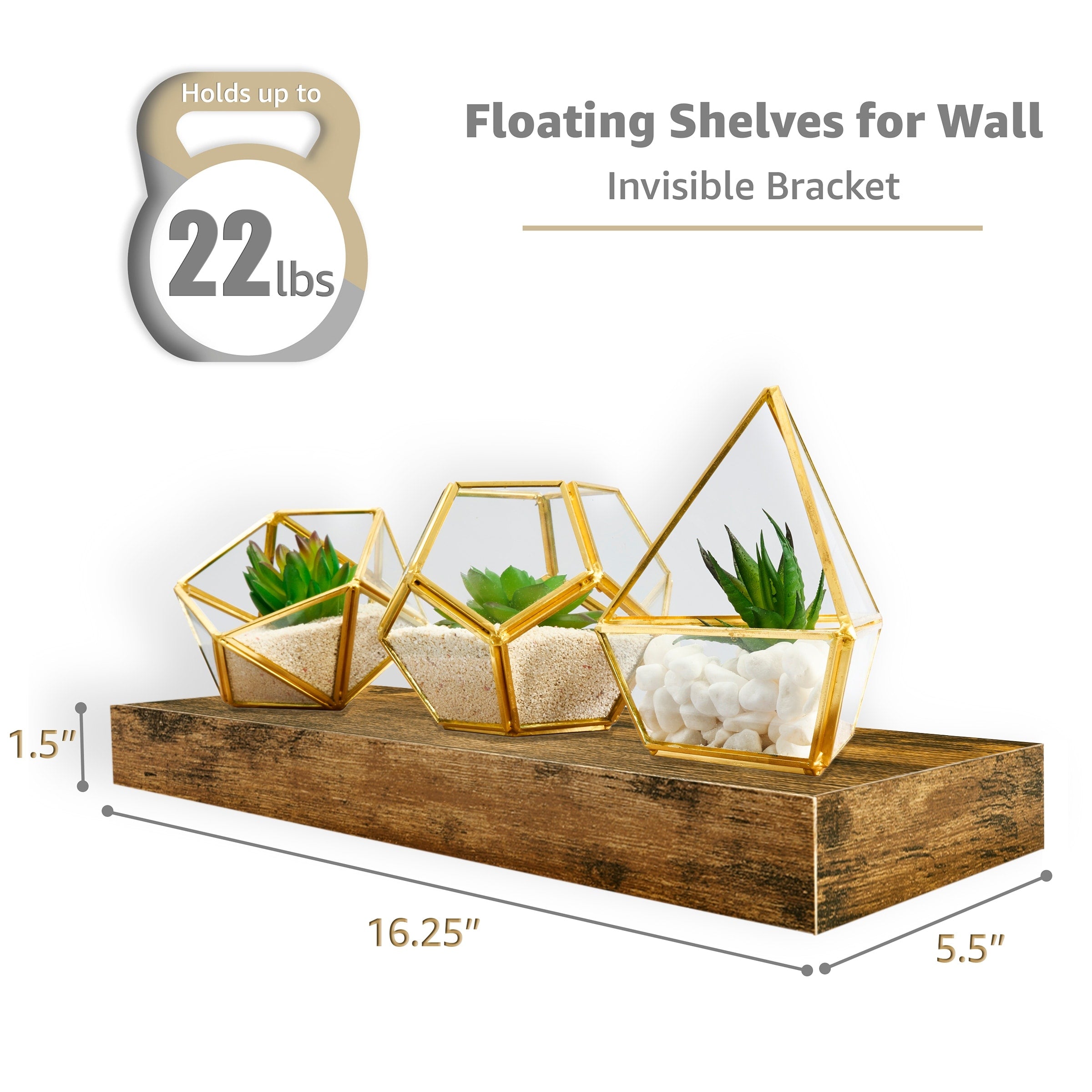 Floating Shelf Set, Rustic Wood Beach Style Hanging Wall Shelves - 3-Pack