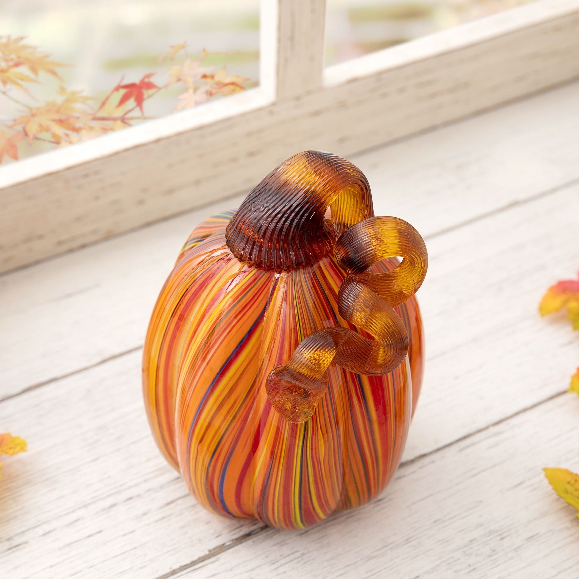 Glitzhome Handblown Multi Striped Fall Harvest Glass Pumpkins Thanksgiving Gift