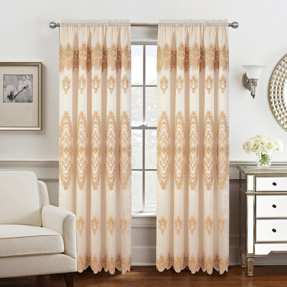 Dayton Embroidered Window Curtain Panel with Attached Valance