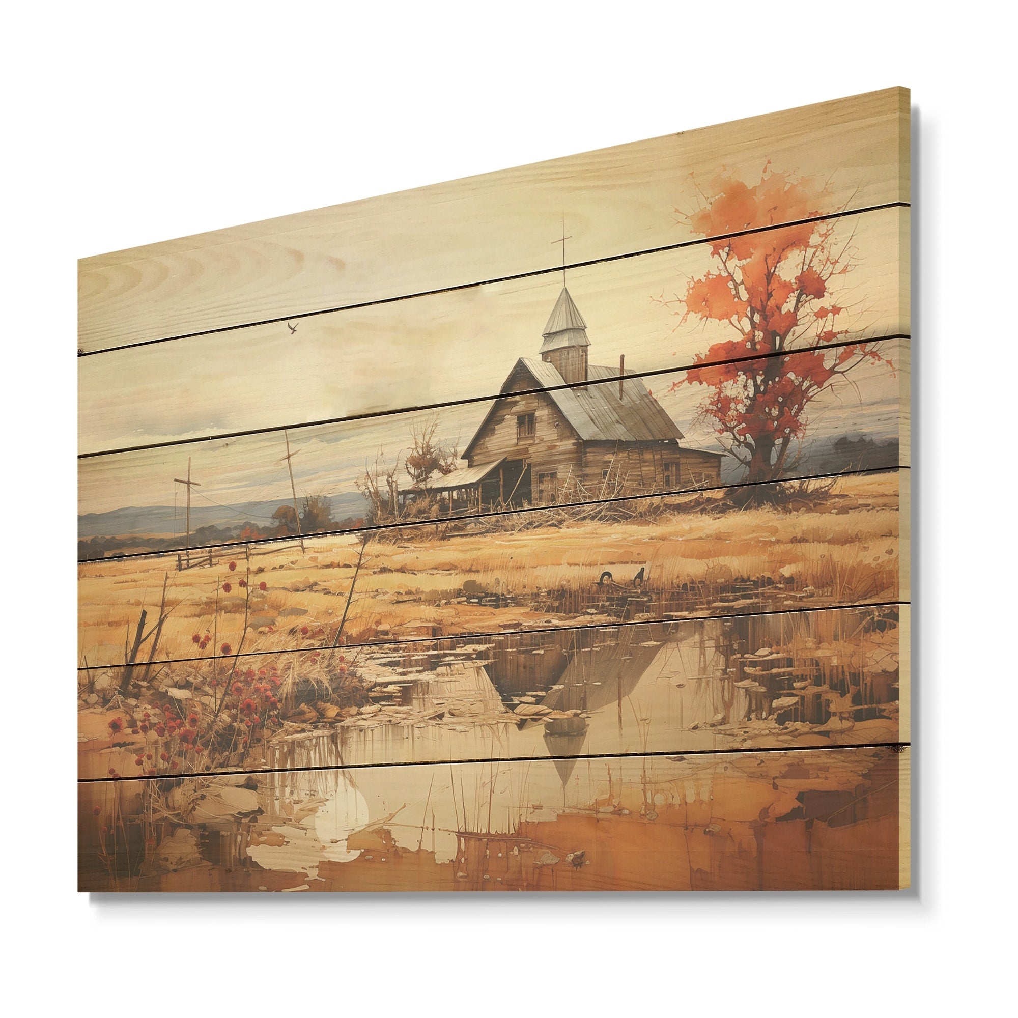 Designart Peaceful Barnyard Landscape I Farm Wood Wall Decor - Country Coral Wood Panel On Natural Pine Wood