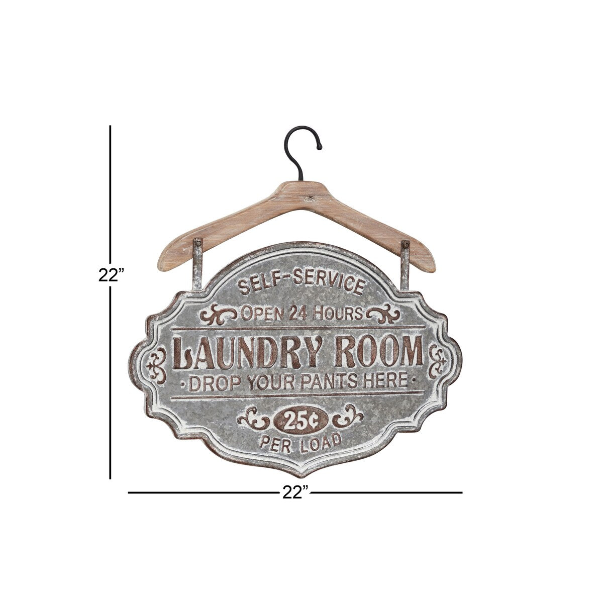 Metal Sign Laundry Room Home Wall Decor with Brown Wood Hanger - Gray - Roche River Decor