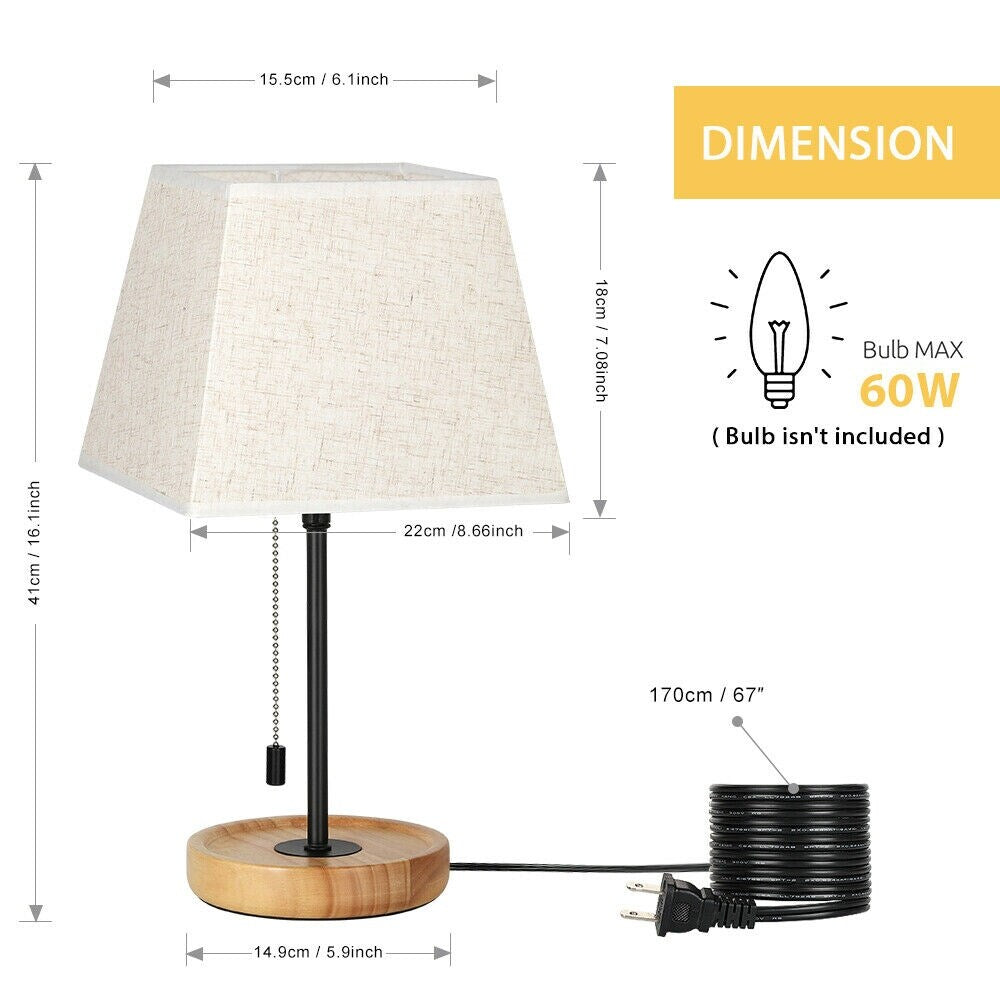 Minimalist Bedside Lamps Set of 2, Pull Chain and Wood Base