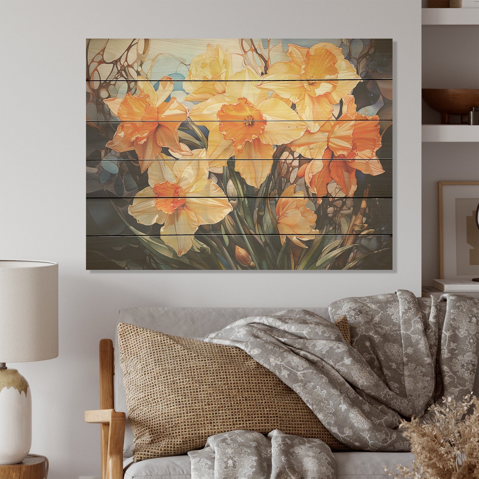 Designart Orange Daffodils Efflorescence Daffodils Wood Wall Decor Traditional Beige Wood Panel On Natural Pine Wood