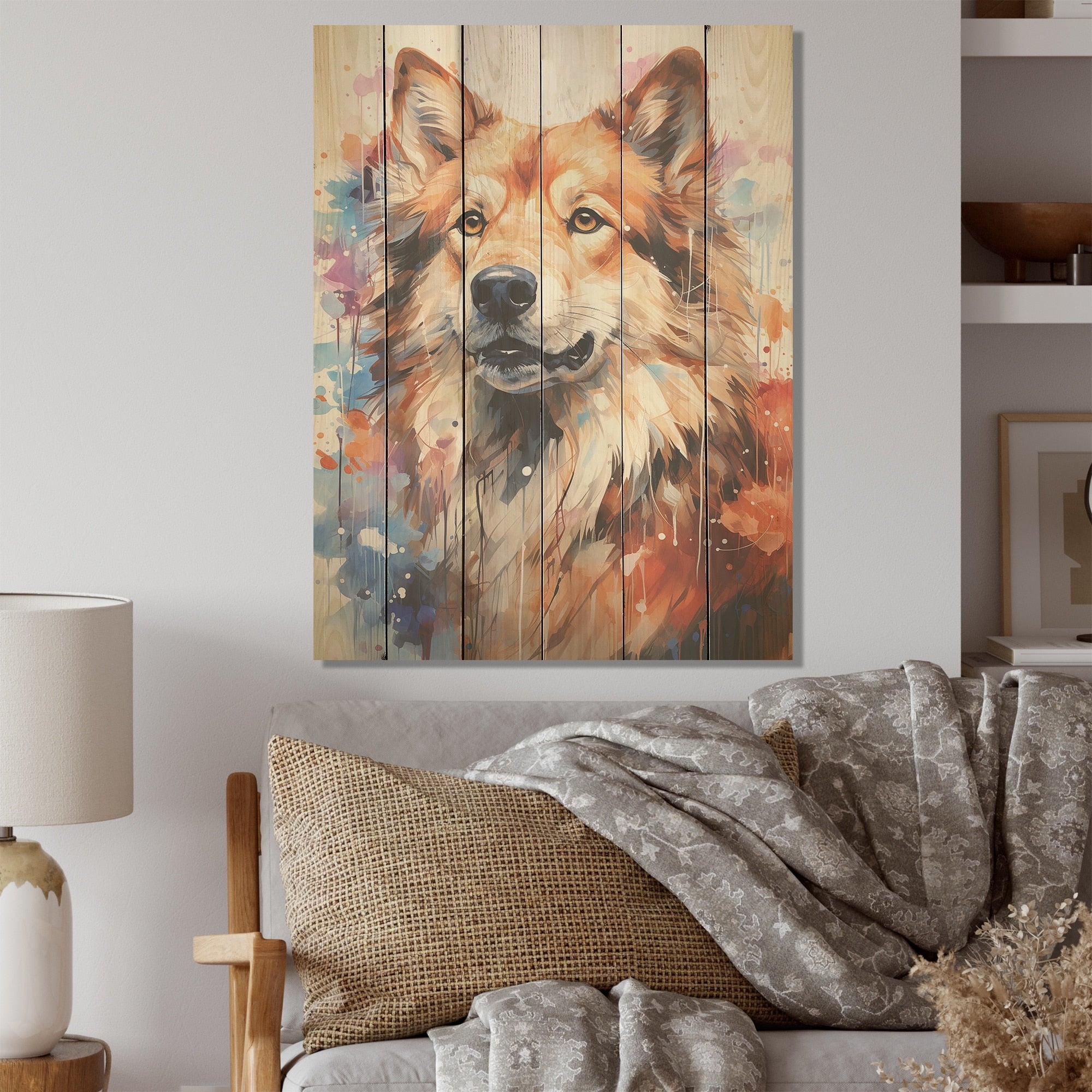 Designart Dog Akita Aura I Dog Wood Wall Decor - Modern Beige Wood Panel On Natural Pine Wood