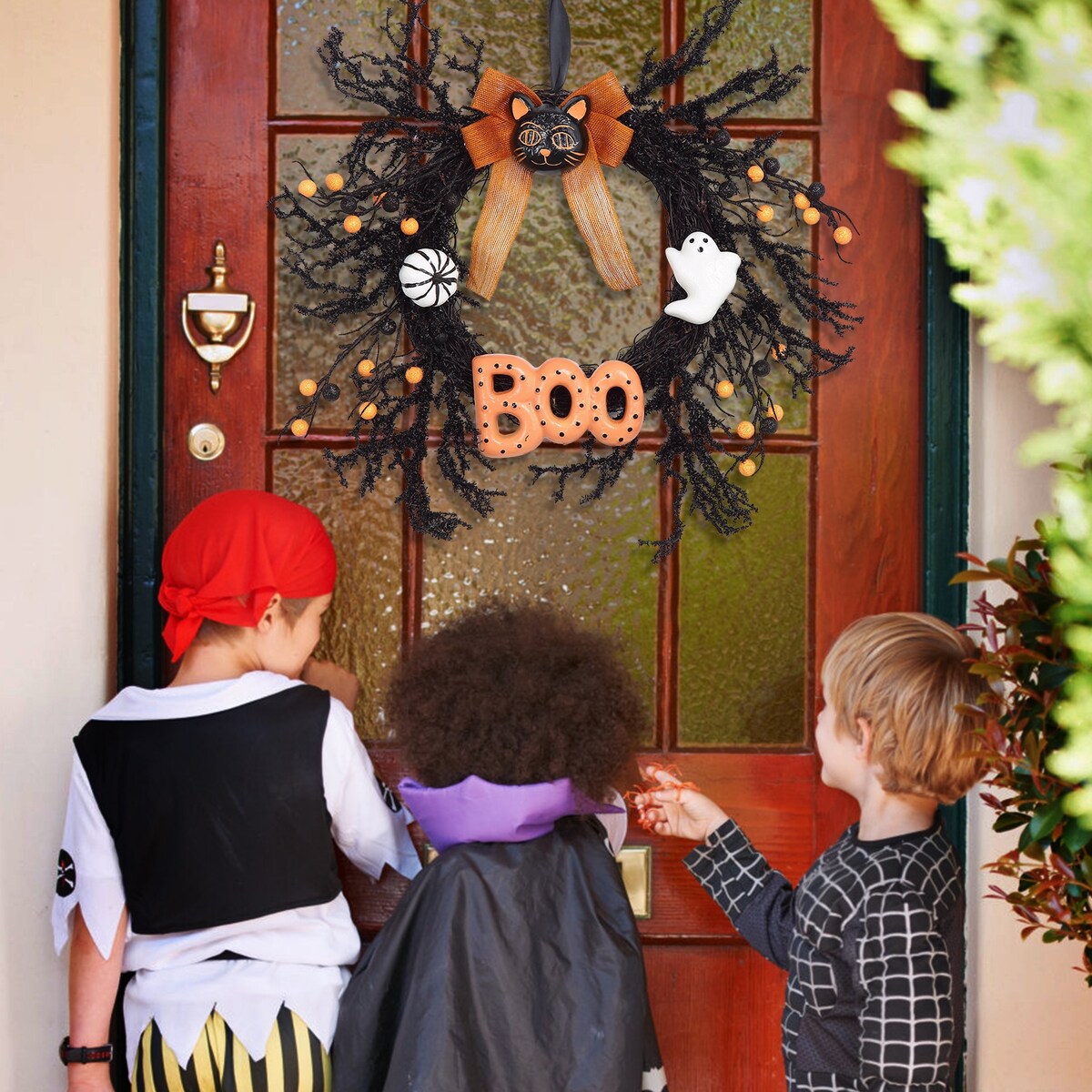 18Inch Halloween Wreath with Cat Boo Sign, Pumpkin, Ghost