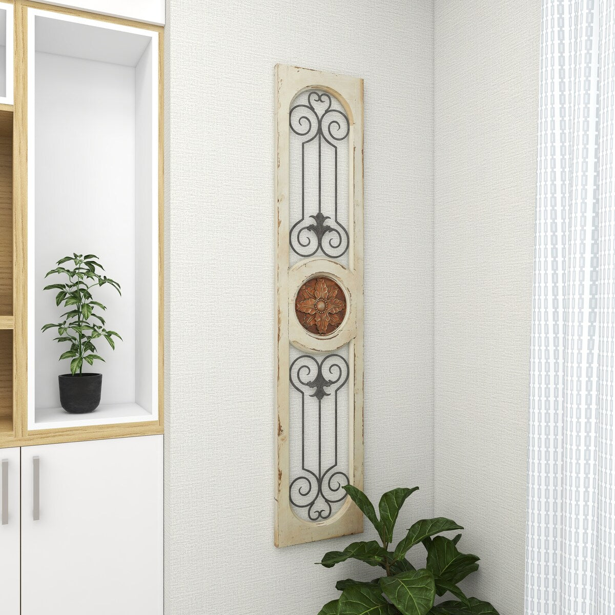 Wood Scroll Distressed Door Inspired Ornamental Home Wall Decor with Metal Wire Details - White - Roche River Decor