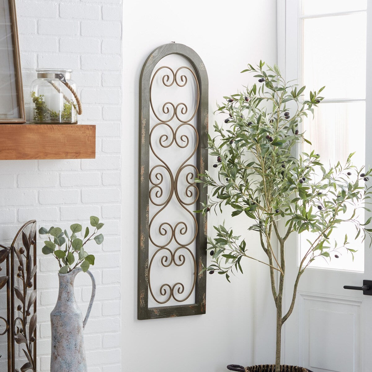 Wood Scroll Arched Window Inspired Home Wall Decor with Metal Scrollwork Relief - Brown - Roche River Decor