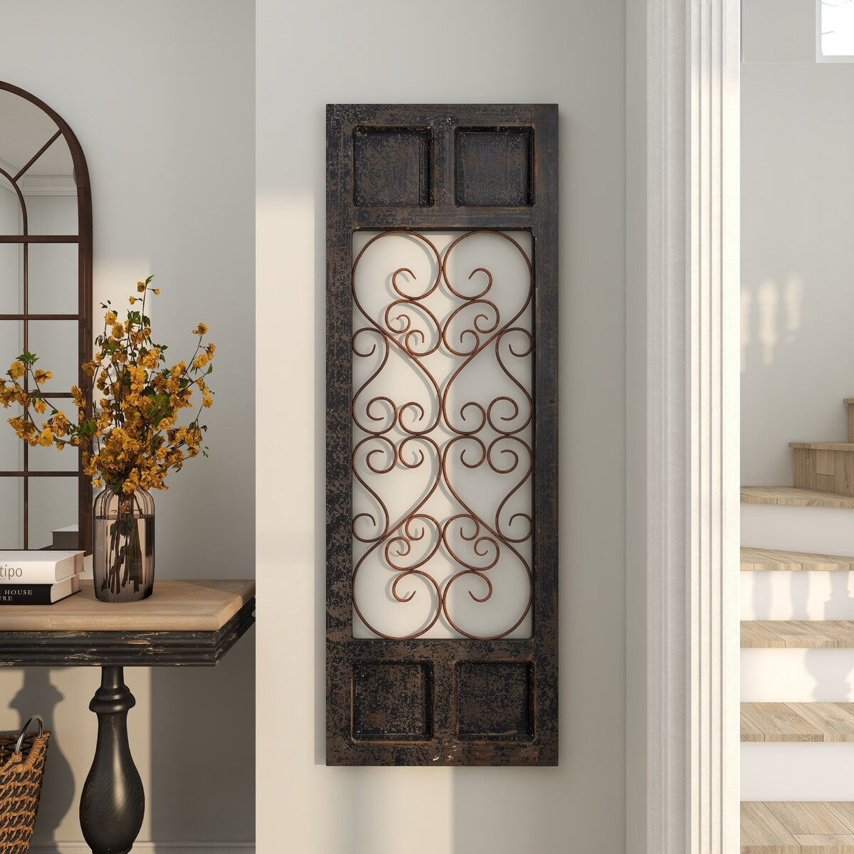 Wood Scroll Window Inspired Panel Home Wall Decor with Copper Metal Scrollwork - Brown - Roche River Decor